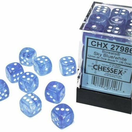 TIME2PLAY 12 mm D6 Cube Borealis Luminary Dice, Sky Blue with White Numbers, 36PK TI3301154